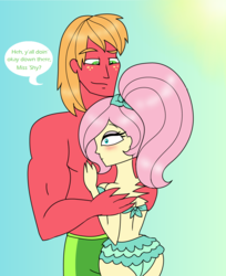 Size: 1070x1312 | Tagged: safe, artist:purfectprincessgirl, big macintosh, fluttershy, human, equestria girls, g4, ass, beach, bikini, blushing, butt, clothes, female, flutterbutt, hug, humanized, male, muscles, pony coloring, ship:fluttermac, shipping, straight, summer, swimsuit, topless