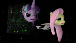 Size: 1920x1080 | Tagged: safe, artist:raptor1701, artist:raptornx01, fluttershy, starlight glimmer, g4, 3d, borg, borg cube, crossover, space, star trek, star trek: the next generation, uss enterprise, wat, wtf