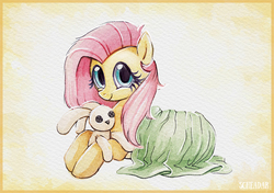 Size: 1200x846 | Tagged: safe, artist:scheadar, fluttershy, pegasus, pony, g4, blanket, cute, female, looking at you, lying down, mare, plushie, prone, shyabetes, smiling, solo, toy, traditional art