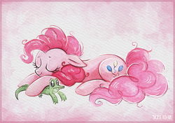 Size: 1200x846 | Tagged: safe, artist:scheadar, gummy, pinkie pie, earth pony, pony, g4, cute, diapinkes, eyes closed, female, mare, sleeping, smiling, solo, traditional art, watercolor painting