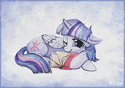 Size: 1200x846 | Tagged: safe, artist:scheadar, twilight sparkle, alicorn, pony, g4, adorkable, book, cute, dork, female, floppy ears, folded wings, horn, looking at you, lying down, mare, one eye closed, prone, sleepy, solo, that pony sure does love books, traditional art, twiabetes, twilight sparkle (alicorn), wings