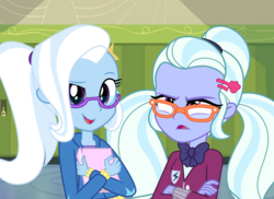 Size: 6520x4752 | Tagged: safe, artist:diamondsword11, artist:favoriteartman, artist:luckreza8, artist:themexicanpunisher, sugarcoat, trixie, equestria girls, g4, absurd resolution, agnieszka fajlhauer, book, clothes, glasses, nerd, polish, voice actor joke