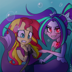 Size: 751x750 | Tagged: dead source, safe, artist:wubcakeva, aria blaze, sunset shimmer, mermaid, siren, equestria girls, g4, air bubble, asphyxiation, belly button, bondage, breasts, bubble, busty aria blaze, cleavage, drowning, female, mermaidized, midriff, peril, sirens doing siren things, sleeveless, strapless, underwater