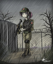 Size: 1280x1562 | Tagged: safe, artist:slawomiro, nurse redheart, human, g4, ar-15, belt, boots, cap, clothes, electric fence, escape from tarkov, female, gloves, gun, hat, humanized, knee pads, m4a1, rain, russia, shed, signature, solo, tarkov, walking, weapon