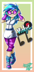 Size: 1886x4000 | Tagged: safe, artist:danmakuman, dj pon-3, vinyl scratch, human, equestria girls, g4, clothes, commission, female, headphones, high res, leggings, miniskirt, shoes, signature, skirt, smiling, sneakers, solo, sunglasses