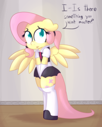 Size: 1280x1592 | Tagged: safe, artist:mr-degration, fluttershy, pegasus, pony, g4, bipedal, clothes, female, fluttermaid, maid, master, solo, speech