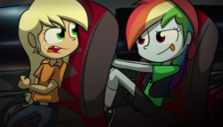 Size: 1280x731 | Tagged: safe, artist:fj-c, applejack, rainbow dash, equestria girls, g4, ashleigh ball, car, duo, moving, seat, seats, stop, tongue out, voice actor joke