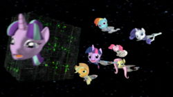 Size: 1920x1080 | Tagged: safe, artist:raptor1701, artist:raptornx01, applejack, fluttershy, pinkie pie, rainbow dash, rarity, starlight glimmer, twilight sparkle, g4, 3d, borg, borg cube, crossover, defiant, millenium falcon, source filmmaker, space, star trek, star trek: deep space nine, star trek: the next generation, star trek: voyager, star wars, uss enterprise, wat, weird, wtf