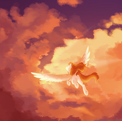 Size: 1280x1269 | Tagged: safe, artist:raponee, oc, oc only, oc:railgun impulse, pegasus, pony, cloud, flying, sky, solo, spread wings