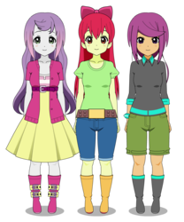 Size: 757x912 | Tagged: safe, artist:inezthekawaiiwarrior, apple bloom, scootaloo, sweetie belle, equestria girls, g4, belt, boots, clothes, comments locked down, cutie mark crusaders, high heel boots, jacket, jeans, kisekae, pants, shoes, short, simple background, transparent background