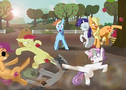 Size: 1600x1150 | Tagged: safe, artist:odd-snickerdoodle, apple bloom, applejack, rainbow dash, rarity, scootaloo, sweetie belle, oc, g4, collar, cutie mark, cutie mark crusaders, eyepatch, hat, magic, purse, telekinesis, the cmc's cutie marks, thief