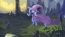 Size: 1920x1080 | Tagged: safe, artist:hierozaki, trixie, pony, unicorn, g4, cape, clothes, female, looking away, mare, solo, standing