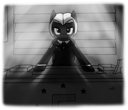 Size: 3500x3028 | Tagged: safe, artist:erthilo, oc, oc only, oc:astral, pegasus, pony, fallout equestria, fallout equestria: outlaw, clothes, enclave, grand pegasus enclave, high res, monochrome, office, solo, uniform