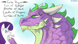 Size: 1500x858 | Tagged: safe, artist:kogentasama, rarity, spike, g4, female, heart, male, older, older spike, scratching, ship:sparity, shipping, straight, text