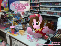 Size: 1024x768 | Tagged: safe, artist:shinta-girl, oc, oc only, oc:shinta pony, andatti, backpack, backpack (dora the explorer), clerk, dora márquez, dora the explorer, irl, latin american, meme, mexico, otzo, oxxo, photo, ponies in real life, solo, spanish, tictac, translated in the comments