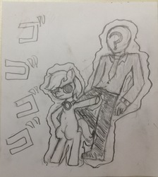 Size: 2309x2580 | Tagged: artist needed, safe, oc, oc only, oc:anon, oc:emerald jewel, human, colt quest, amulet, clothes, colt, foal, hand, high res, jojo's bizarre adventure, male, monochrome, necktie, question mark, rough sketch, shoes, sketch, stand, standing, suit