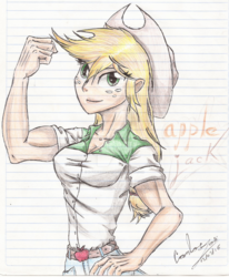 Size: 1024x1244 | Tagged: safe, artist:x-force02ranger, applejack, equestria girls, g4, applejacked, breasts, female, flexing, lined paper, muscles, solo, traditional art, watermark
