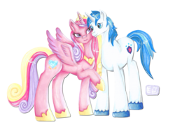 Size: 7014x5100 | Tagged: safe, artist:fleurescience, princess cadance, shining armor, g4, absurd resolution, bedroom eyes, blushing, eye contact, female, male, nuzzling, raised hoof, ship:shiningcadance, shipping, simple background, smiling, spread wings, straight, traditional art, transparent background
