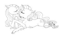Size: 1280x769 | Tagged: safe, artist:spectralunicorn, fluttershy, rarity, classical unicorn, pegasus, pony, unicorn, g4, cloven hooves, eyes closed, facial hair, female, floppy ears, goatee, grayscale, horn, leonine tail, lesbian, lying, lying down, mare, monochrome, nuzzling, prone, ship:flarity, shipping, simple background, smiling, unshorn fetlocks