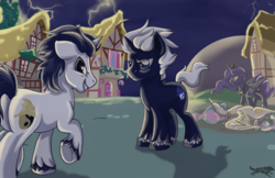 Size: 5100x3300 | Tagged: safe, artist:lostinthetrees, princess celestia, princess luna, oc, oc:ben herrin, g4, animosity, duality, force field, lightning