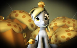 Size: 1675x1049 | Tagged: dead source, safe, artist:thom330, derpy hooves, pegasus, pony, g4, 3d, female, food, mare, muffin, solo