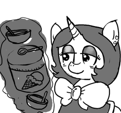Size: 640x600 | Tagged: safe, artist:ficficponyfic, oc, oc only, oc:joyride, pony, unicorn, colt quest, adult, bowl, clothes, ear piercing, eyeshadow, female, food, horn, ice cream, makeup, mantle, mare, monochrome, piercing, smiling, solo focus, spoon, story included