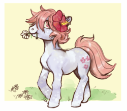 Size: 961x844 | Tagged: safe, artist:spectralunicorn, oc, oc only, oc:sugar blossom, eating, flower, looking at you, scrunchy face, simple background, solo, walking