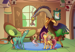 Size: 1552x1074 | Tagged: safe, artist:28gooddays, angel bunny, discord, fluttershy, zephyr breeze, draconequus, pegasus, pony, g4, evil smile, female, fluttershy's cottage, male, mare, scared, shaking, sharp teeth, stallion