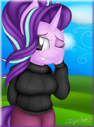 Size: 3200x4300 | Tagged: safe, artist:iflysna94, starlight glimmer, unicorn, anthro, g4, breasts, clothes, cute, female, glimmerbetes, high res, mare, one eye closed, pants, signature, solo, sweater, turtleneck