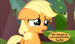 Size: 955x564 | Tagged: safe, artist:coltsteelstallion, applejack, g4, apple, apple tree, crying, cute, female, filly, filly applejack, food, grammar error, jackabetes, puns in the comments, sad, speech bubble, tree, younger