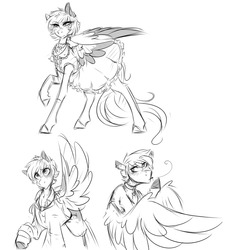 Size: 1280x1422 | Tagged: safe, artist:charly-meow, oc, oc only, oc:agrume, pegasus, pony, clothes, dress, monochrome, sketch, smoking