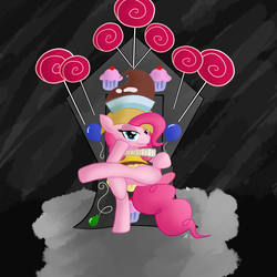 Size: 1024x1024 | Tagged: safe, artist:dj-rainbow-dash, chancellor puddinghead, pinkie pie, pony, g4, female, game of thrones, solo, throne, throne slouch