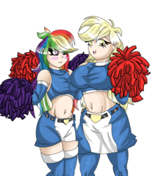 Size: 1280x1490 | Tagged: safe, artist:fourze-pony, derpy hooves, rainbow dash, human, g4, belly button, big breasts, breasts, busty derpy hooves, cheerleader, female, humanized, midriff, watermark