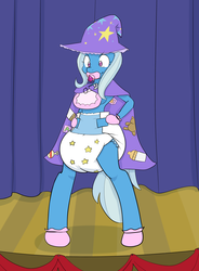 Size: 2177x2956 | Tagged: safe, artist:rinonno, trixie, unicorn, anthro, unguligrade anthro, g4, adult foal, bib, booties, cute, diaper, diatrixes, drool, female, high res, mittens, non-baby in diaper, pacifier, poofy diaper, solo, stage