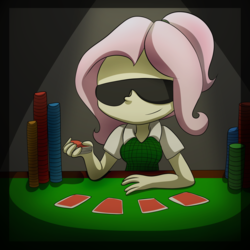 Size: 5000x5000 | Tagged: safe, artist:fj-c, fluttershy, equestria girls, g4, absurd resolution, alternate hairstyle, card, gambling, poker, ponytail, solo, sunglasses