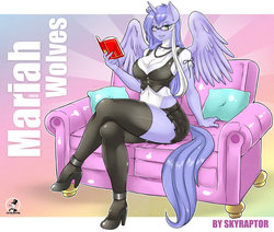 Size: 800x679 | Tagged: safe, artist:skyraptor, oc, oc only, oc:mariah wolves, alicorn, anthro, plantigrade anthro, alicorn oc, anthro oc, belly button, big breasts, book, breasts, cleavage, clothes, crossed legs, female, glasses, high heels, sitting, socks, solo, stockings, thigh highs