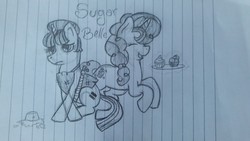 Size: 4128x2322 | Tagged: safe, sugar belle, g4, cupcake, food, happy, lineart, lined paper, lost cutiemark, photo, sad, starlight town, traditional art