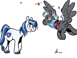 Size: 500x375 | Tagged: safe, artist:rwl, shining armor, thunderlane, pegasus, pony, unicorn, g4, blushing, bouquet, crack shipping, flower, flower in mouth, flying, gay, infidelity, infidelity armor, looking at each other, male, mouth hold, raised leg, shininglane, shipping, simple background, smiling, spread wings, stallion, white background
