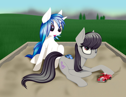 Size: 3300x2550 | Tagged: safe, artist:styroponyworks, dj pon-3, octavia melody, vinyl scratch, g4, cute, duo, embarrassed, high res, octavia is not amused, sandbox, tongue out, toy car, unamused, vinylbetes