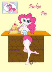 Size: 503x700 | Tagged: safe, artist:ninde ilustración, pinkie pie, human, equestria girls, g4, artifact, ass, barefoot, beautiful, breasts, butt, cake, clothes, concave belly, cutie mark, cutie mark on equestria girl, feet, female, food, legs, looking at you, panties, sideboob, skinny, skirt, skirt lift, smiling, solo, spine, spoon, thighs, thin, underwear, upskirt, yellow underwear