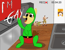 Size: 1270x992 | Tagged: safe, artist:runesorcerer, pony, 1000 hours in ms paint, chef, gay, i'm gay, idubbbz, john cena, male, ms paint, open mouth, retard, sitting, smiling, the legend of zelda, tingle, wat, why