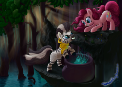 Size: 2000x1423 | Tagged: safe, artist:deathpwny, pinkie pie, zecora, earth pony, pony, zebra, g4, brew, cauldron, everfree forest, female, forest, lake, mare, smiling, tree, windswept mane