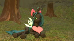 Size: 1920x1080 | Tagged: safe, artist:oc1024, queen chrysalis, changeling, changeling queen, g4, 3d, female, hair bow, heart, prone, solo, source filmmaker