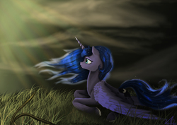 Size: 6117x4330 | Tagged: safe, artist:vinicius040598, princess luna, g4, absurd resolution, cloud, crepuscular rays, female, grass, missing accessory, prone, solo