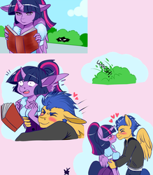 Size: 1000x1144 | Tagged: safe, artist:cabbage-arts, flash sentry, twilight sparkle, alicorn, anthro, g4, blushing, book, clothes, comic, duo, equestria girls outfit, female, glomp, heart, hug from behind, male, nuzzling, ship:flashlight, shipping, straight, twilight sparkle (alicorn), unamused