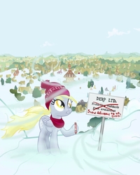 Size: 1024x1280 | Tagged: safe, artist:mozgan, derpy hooves, pegasus, pony, g4, crayon, female, lip bite, mare, rebrand, scrunchy face, sign, snow, solo, winter