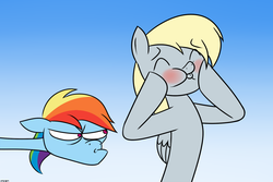 Size: 1556x1042 | Tagged: safe, artist:mofetafrombrooklyn, derpy hooves, rainbow dash, pegasus, pony, g4, blushing, female, mare, squishy cheeks