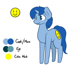 Size: 1167x1067 | Tagged: safe, artist:nom-sympony, oc, oc only, oc:party wagon, pony, unicorn, blue mane, cute, reference sheet, smiley face