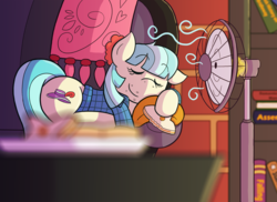 Size: 1920x1395 | Tagged: safe, artist:zanefir-dran, coco pommel, g4, clothes, cocobetes, couch, crumbs, cute, depth of field, fan, food, hoof hold, magic, sandwich, shirt, sleeping