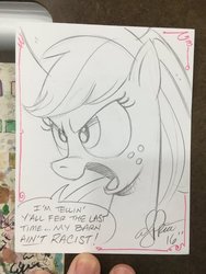 Size: 900x1200 | Tagged: safe, artist:andypriceart, applejack, earth pony, pony, g4, accent, andy you magnificent bastard, applejack's hat, cowboy hat, female, hat, mare, racist barn, solo, this ended in angry countryisms, traditional art, y'all